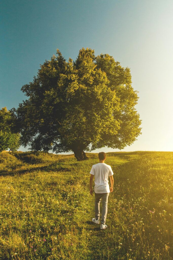 Man walking in the nature Man walking in the nature in White T-shirt and Gray Denim Jeans Outfit on Green Grass Field
